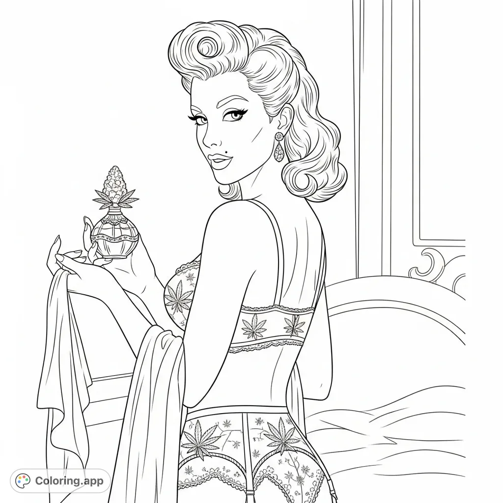Discover a detailed 1950s pin-up featuring a woman with victory rolls, lace-trimmed intimate apparel with cannabis motifs, and an ornate perfume bottle in a luxurious boudoir.