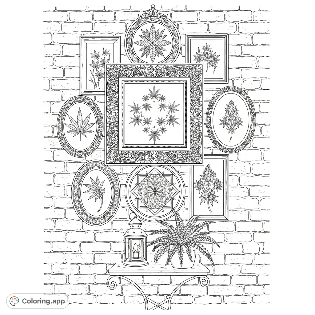 An intricate coloring page featuring ornate vintage frames with diverse cannabis-themed art, hanging on a textured brick wall, alongside an antique table and fern.