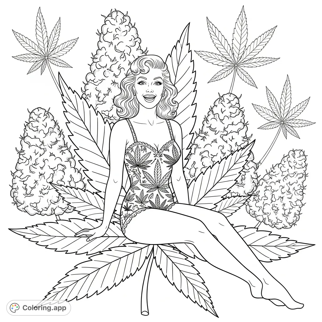 A joyful woman with 1950s curls sits on a giant cannabis leaf, wearing a patterned lingerie teddy amidst whimsical cannabis buds and flowers.