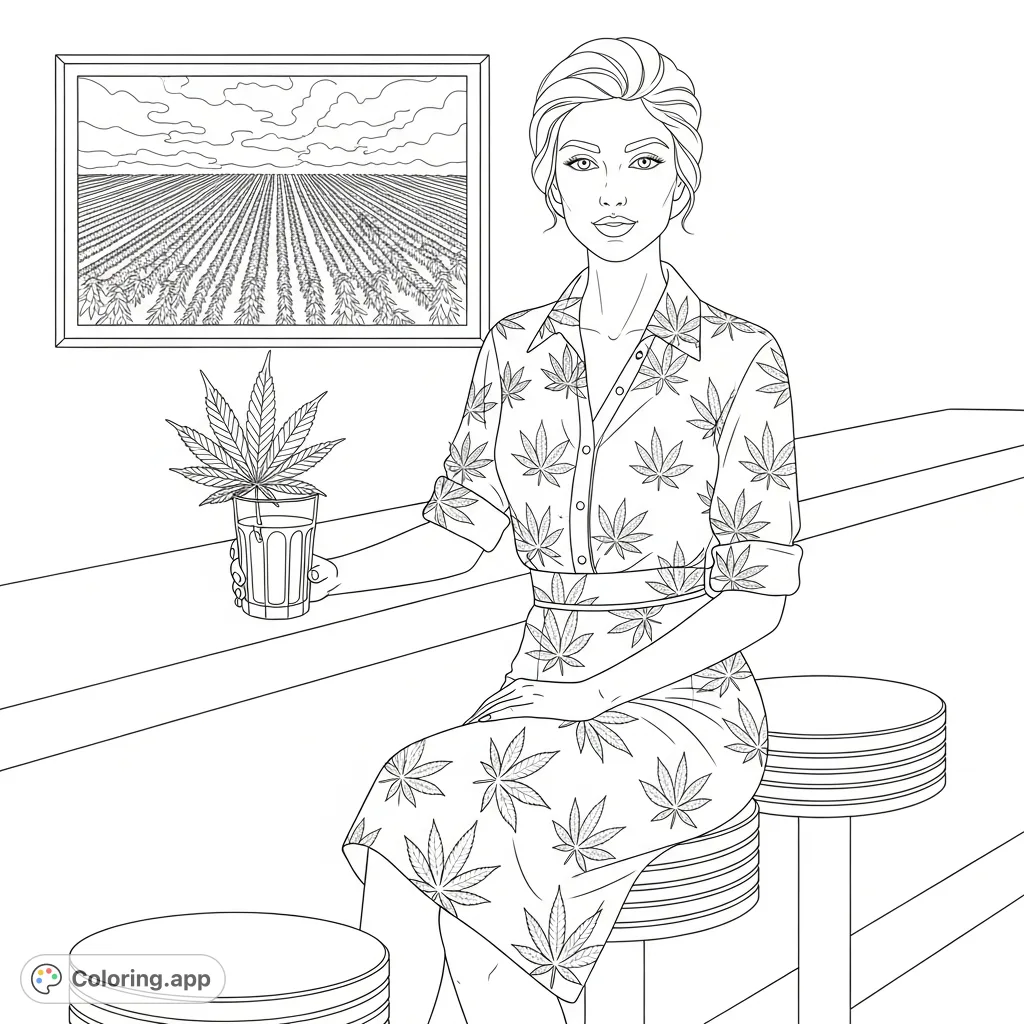 A sophisticated woman in a vintage diner setting, adorned with subtle cannabis leaf patterns. A glass with a leaf garnish sits on the counter, with a cannabis field picture in the background.
