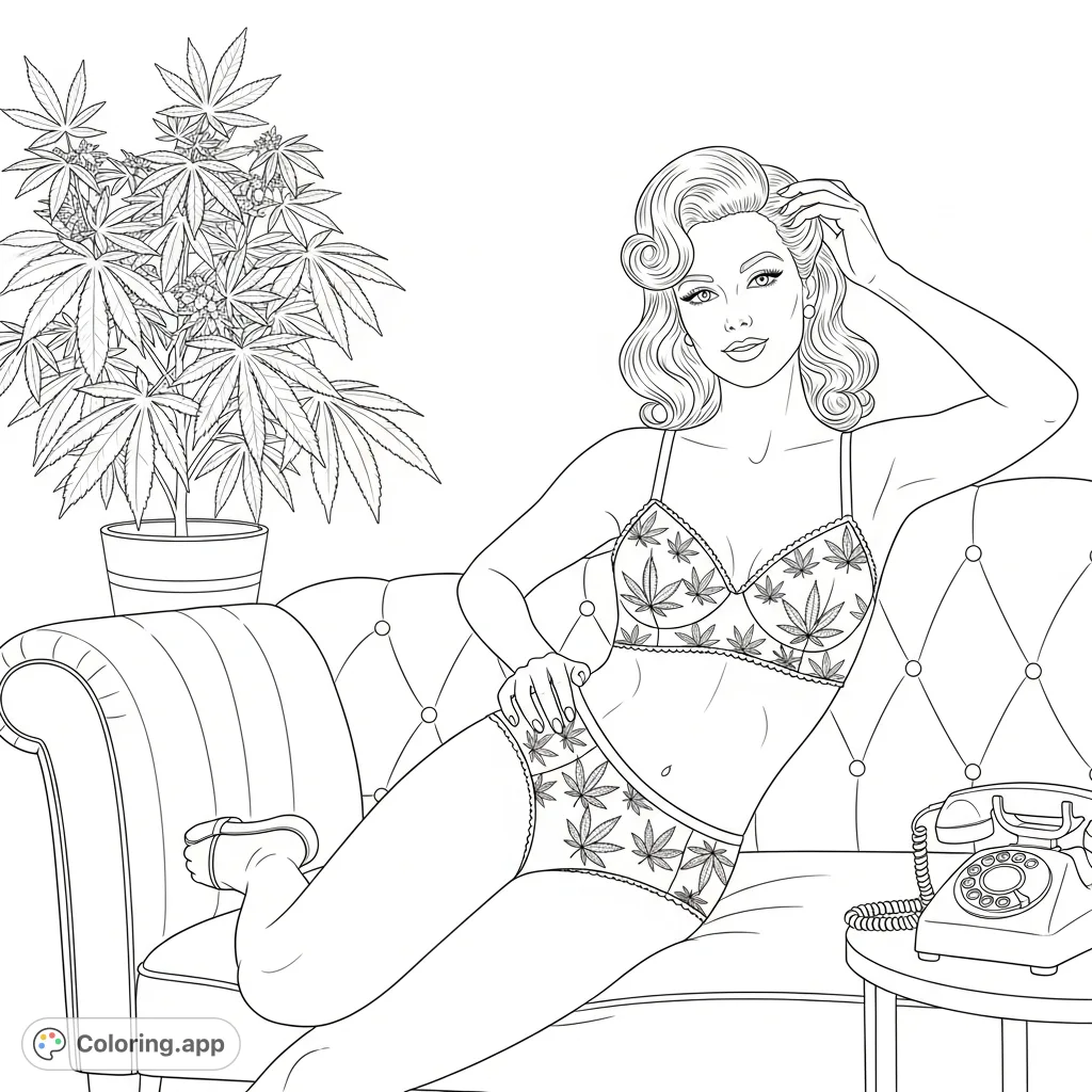 Indulge in a sophisticated 1950s pin-up scene featuring a woman in intricate lingerie and a cannabis plant. A unique adult coloring page.