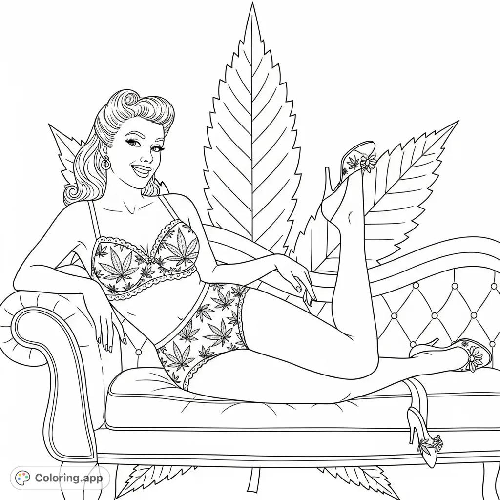 A charming 50s pinup model poses in cannabis-themed lingerie on a chaise lounge, perfect for adult colorists seeking a unique and playful design.