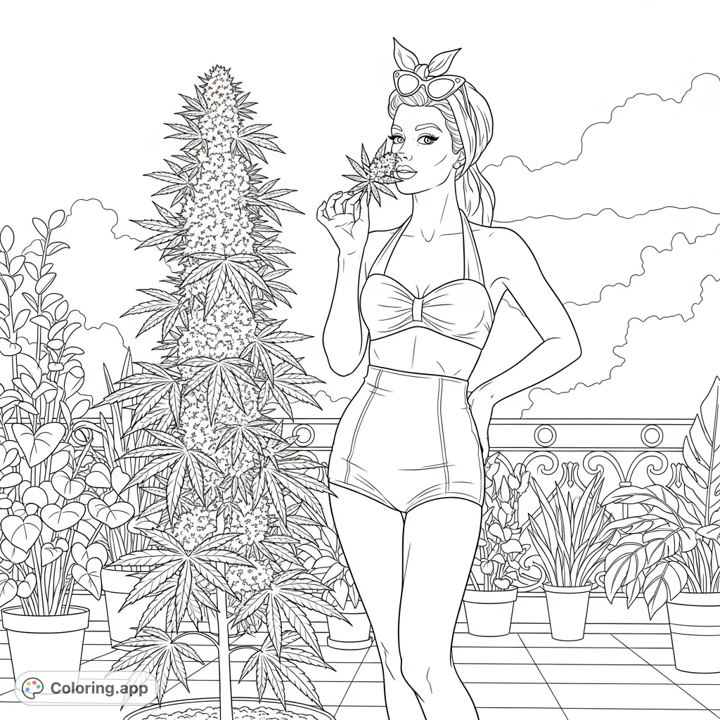 Capture the allure of a vintage-inspired beach scene with a playful woman and a majestic cannabis plant on a sun-drenched patio. A unique adult coloring page.