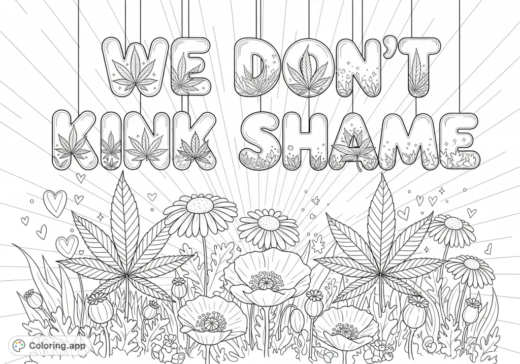 Explore a unique garden with 'We Dont Kink Shame' in bubble letters, each featuring cannabis motifs. Oversized cannabis plants and whimsical flowers await your creative touch.