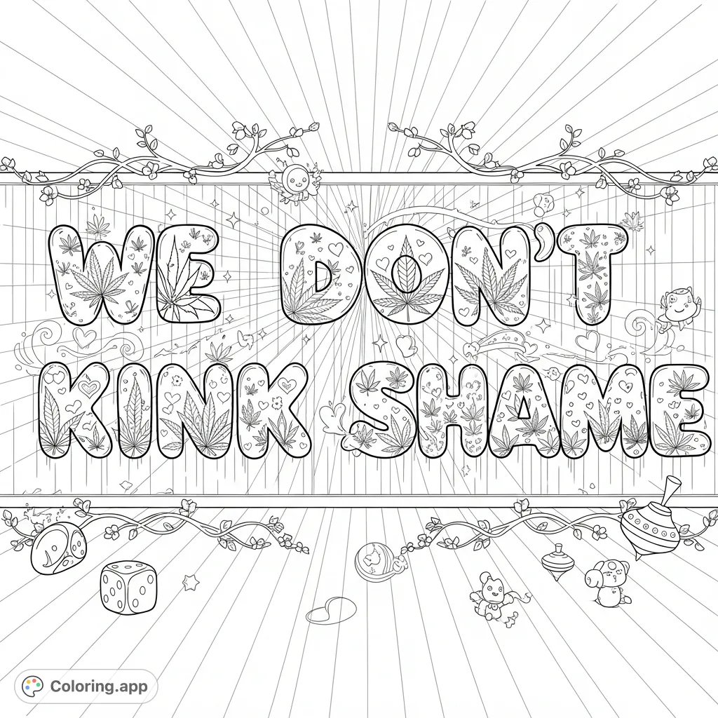 Bold bubble letters spell out a powerful message, filled with intricate cannabis leaf patterns and adorned with hearts, stars, and delicate floral vines.