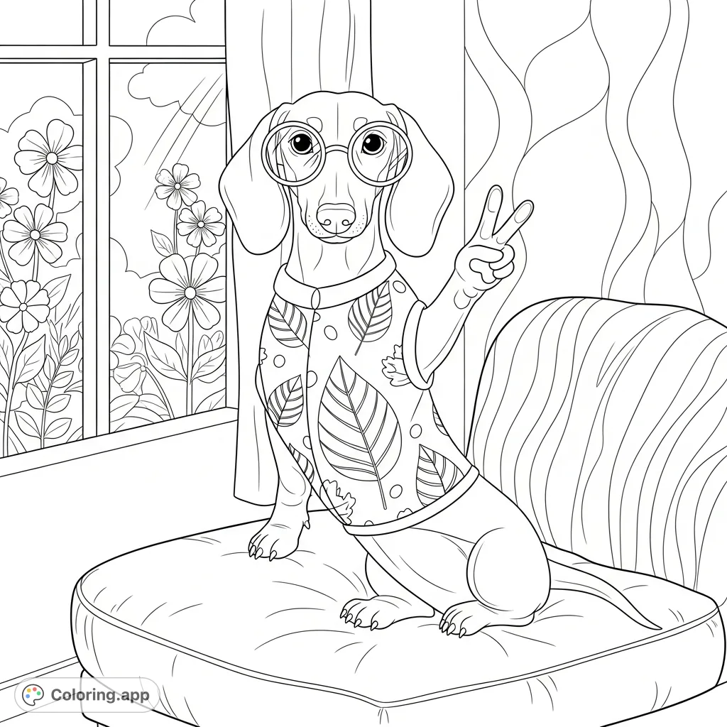 A stylish weiner dog in a patterned vest and round glasses poses with a peace sign on a plush cushion, surrounded by psychedelic flowers and undulating patterns.
