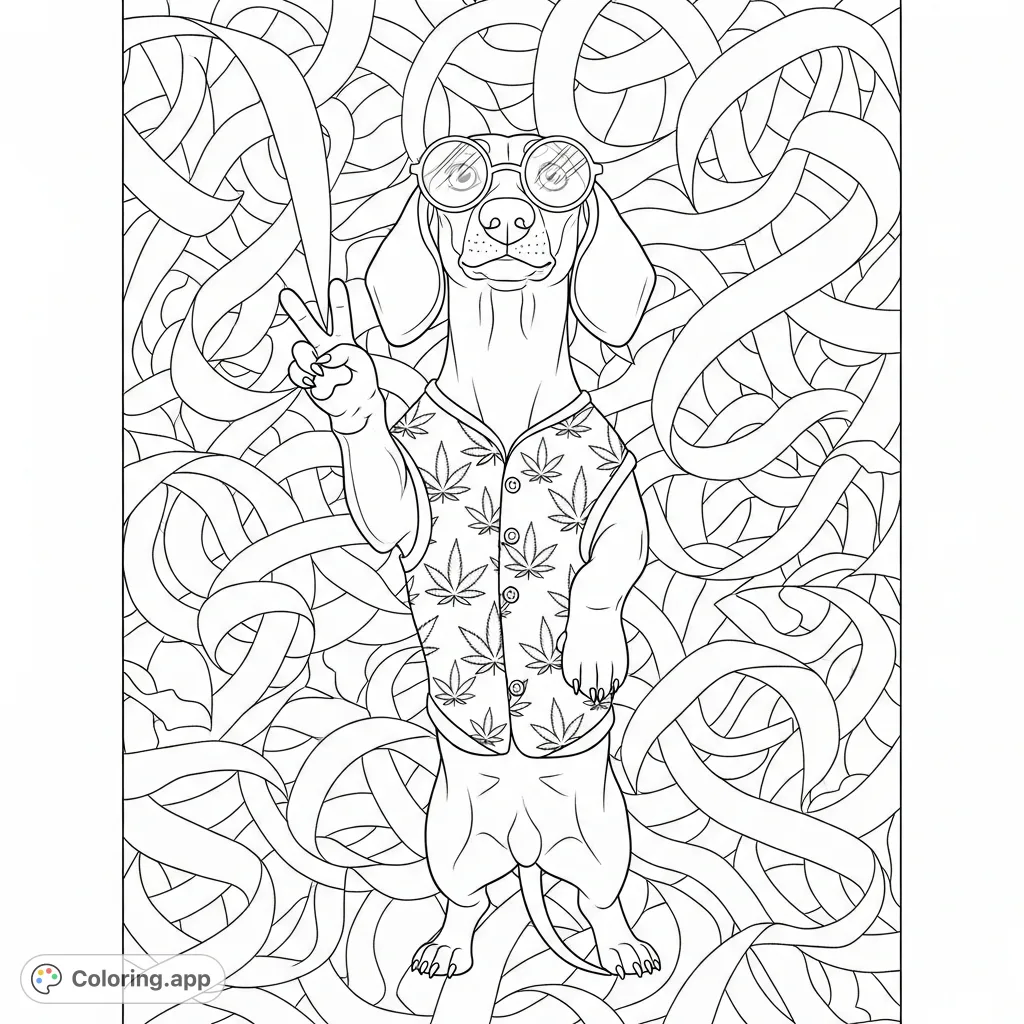 A cool weiner dog strikes a peace sign, sporting a patterned vest and circular glasses against a swirling abstract backdrop. A unique coloring page for adults.