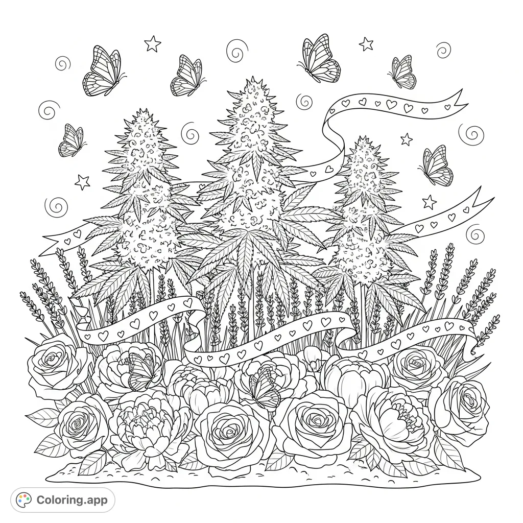 A charming botanical display featuring prominent cannabis plants intertwined with roses, peonies, and lavender, adorned with ribbons, hearts, and stars. Butterflies flutter above a whimsical garden scene.