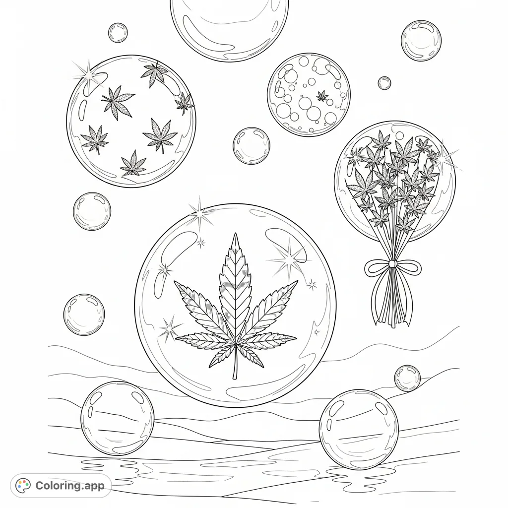 Float into a dreamy realm with this whimsical cannabis bubbles coloring page. Explore intricate leaf patterns suspended within transparent spheres against an ethereal backdrop.