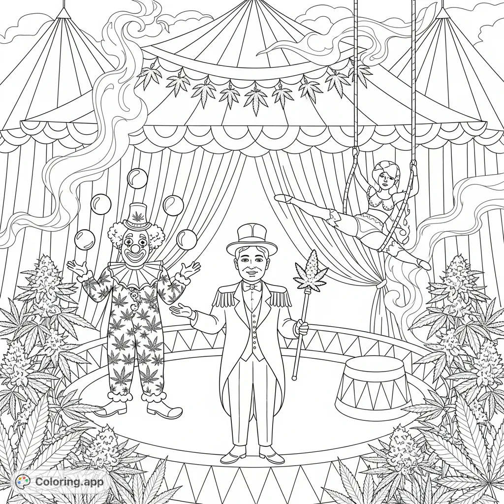 A fantastical cannabis circus scene with playful performers, leafy motifs, and an enchanting big top. Unleash your creativity on this unique, detailed adult coloring page!