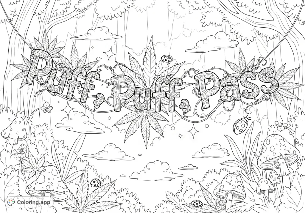 Discover a secret, overgrown garden with a whimsical, vine-like phrase entwined with stylized cannabis foliage, fairy lights, and delicate creatures.