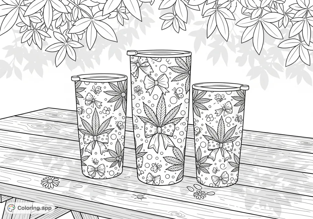 Three tumblers with stylized leaf patterns, polka dots, bows, and butterflies on a wooden picnic table in a garden setting, perfect for adult coloring.
