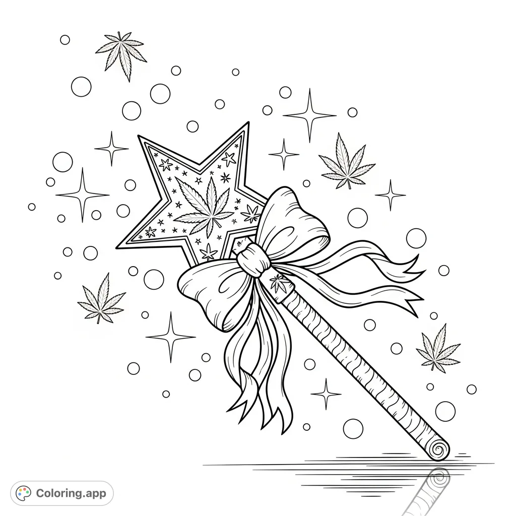 Explore a whimsical magic cannabis wand coloring page, featuring a detailed star with leaf patterns, opulent bow, and floating sparkles on a reflective surface.
