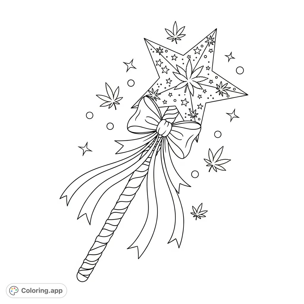Unleash creativity with this whimsical magic cannabis wand coloring page, featuring an intricate star, flowing ribbons, and sparkling details for adult colorists.