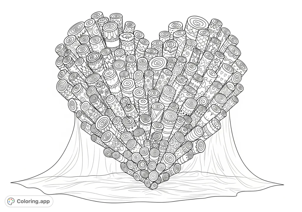 Discover a beautiful, intricate heart formed by interlocking patterned rolls, floating above ethereal fabric. A captivating design for a creative coloring experience.