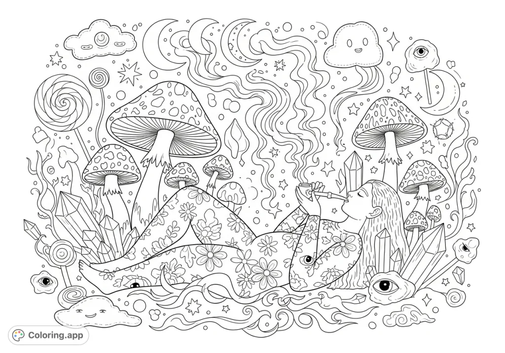 Explore a surreal world of 'girly stoner oddities' featuring a relaxed figure, psychedelic flora, crystals, and celestial elements for a unique coloring experience.
