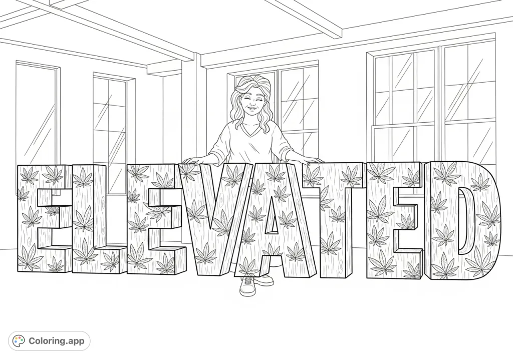 A whimsical woman explores giant letters spelling "ELEVATED," each adorned with an intricate cannabis leaf pattern, set in a light-filled studio.