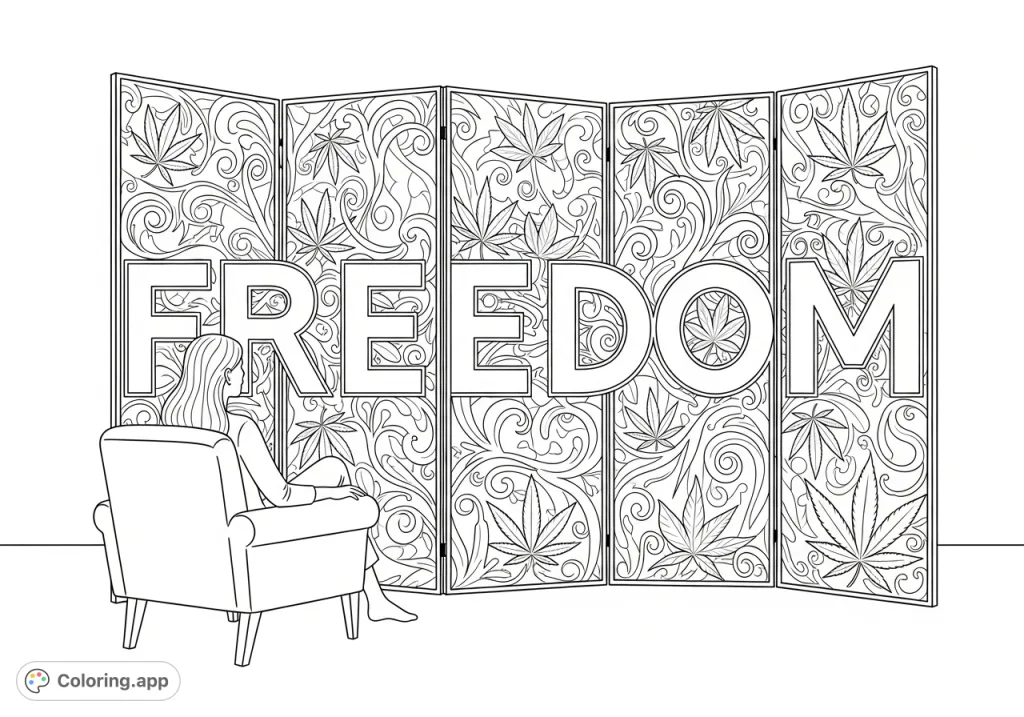 Discover a detailed coloring page featuring a woman lounging by a decorative screen spelling "FREEDOM," adorned with intricate cannabis leaf patterns.