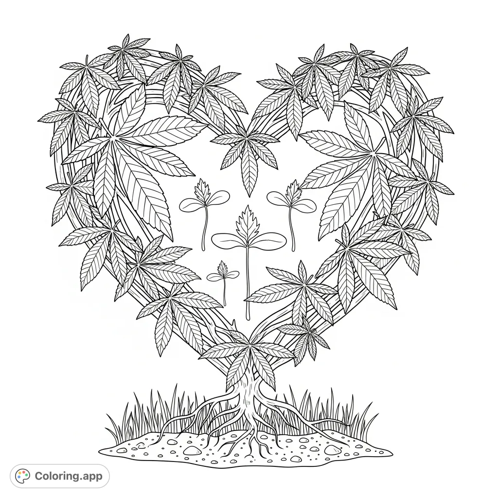 A unique cannabis heart coloring page, intricately woven from stems and leaves, with sprouts emerging from the center. Deep roots connect to fertile soil, symbolizing growth and vitality.