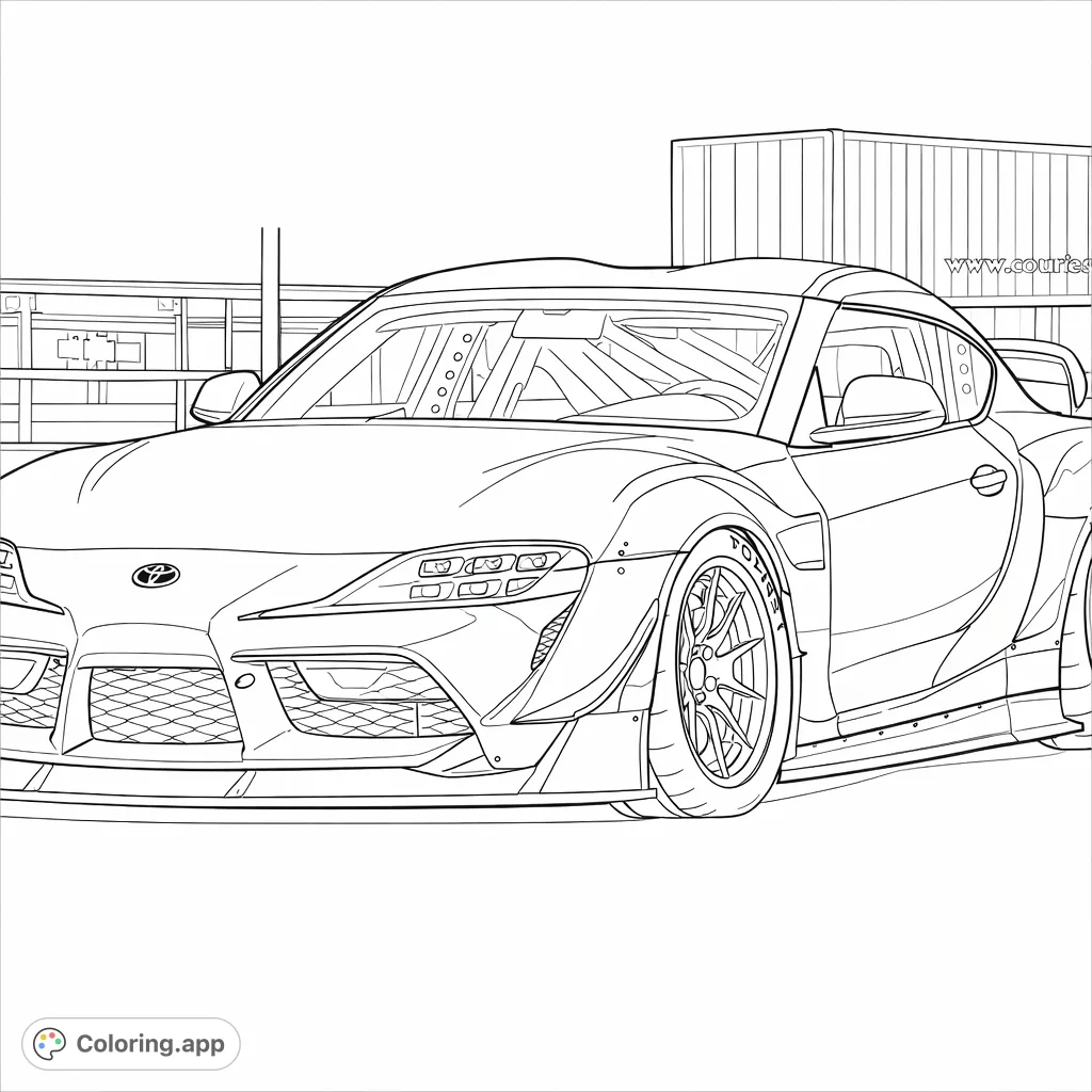 Color a sleek, custom sports car with a widebody kit, detailed wheels, and a large rear wing. Perfect for car enthusiasts to personalize their dream machine.