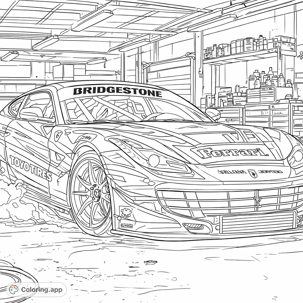 Unleash your creativity on this detailed custom sports car coloring page, featuring a complex livery and an authentic garage setting for car enthusiasts.
