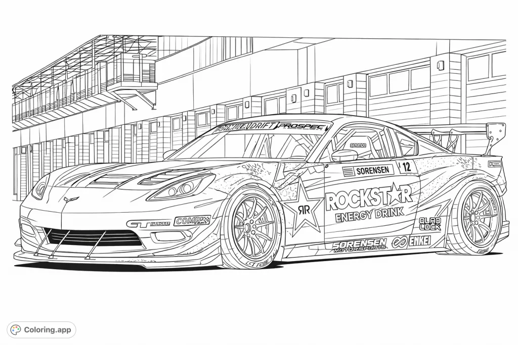 Ignite your passion for speed with this high-performance racing car coloring page. Features a sleek sports car with detailed patterns and logos on a track.
