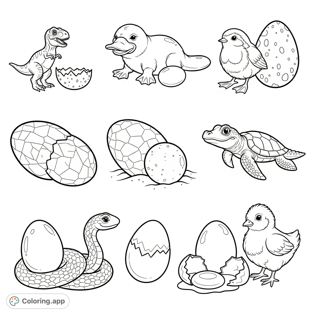 Adorable baby animals with their eggs: T-Rex, platypus, robin, alligator, sea turtle, snake, chicken, and a surprise egg yolk! Perfect for young explorers.