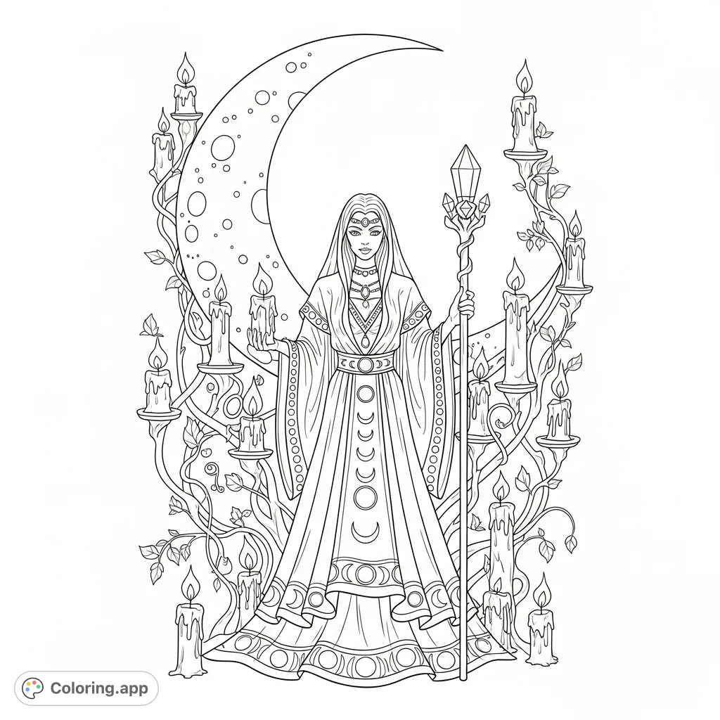 An ethereal moon priestess stands beneath a giant crescent moon, holding a crystal staff, adorned with flowing robes, celestial symbols, candles, and winding vines.