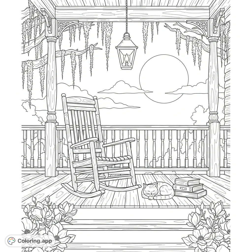 Color a hauntingly beautiful Southern gothic porch scene under a full moon, featuring a sleeping cat, a rocking chair, and intricate architectural details. A free printable coloring page for adults.