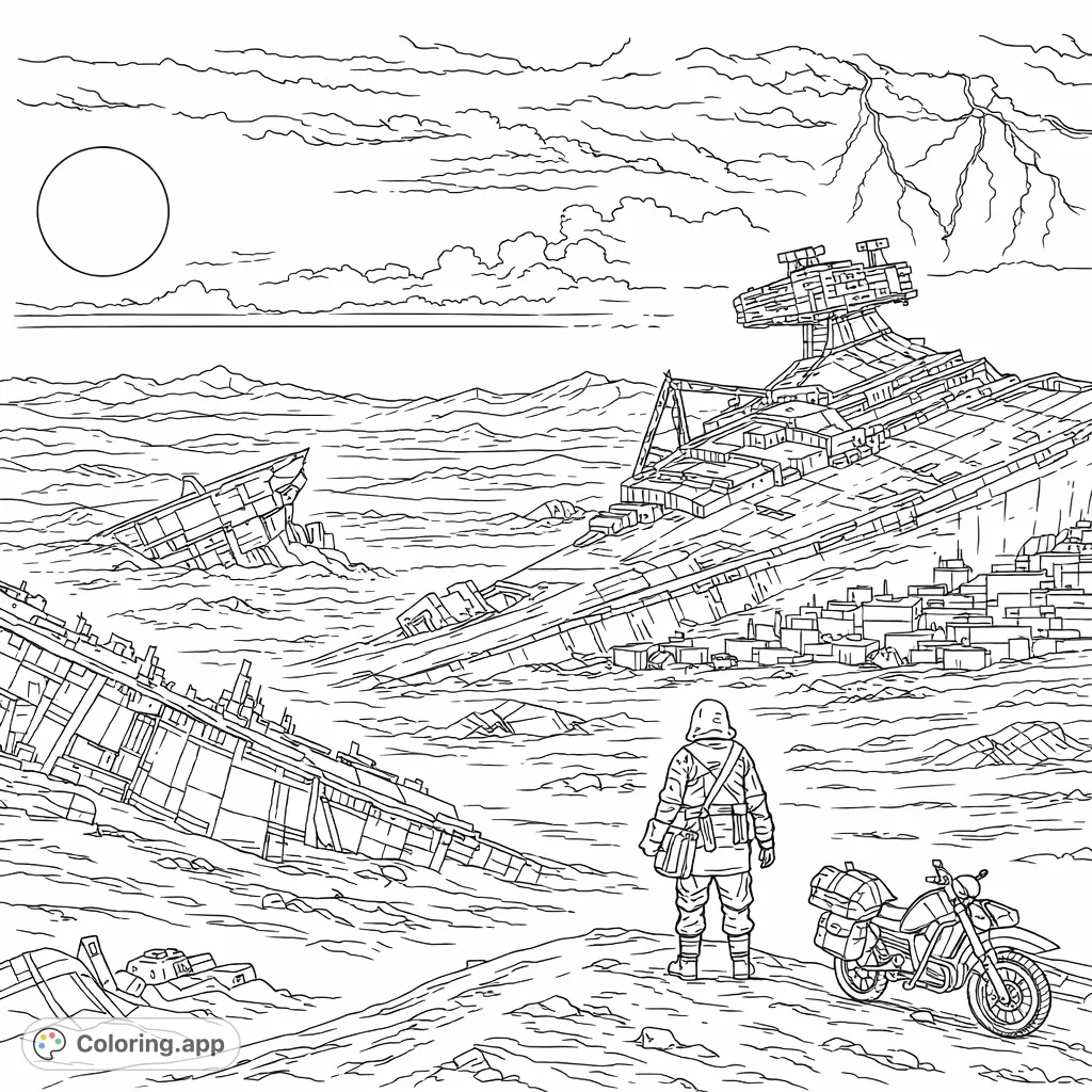 Explore a desolate alien world with a lone scavenger and colossal crashed starships, offering a complex futuristic landscape for imaginative coloring.
