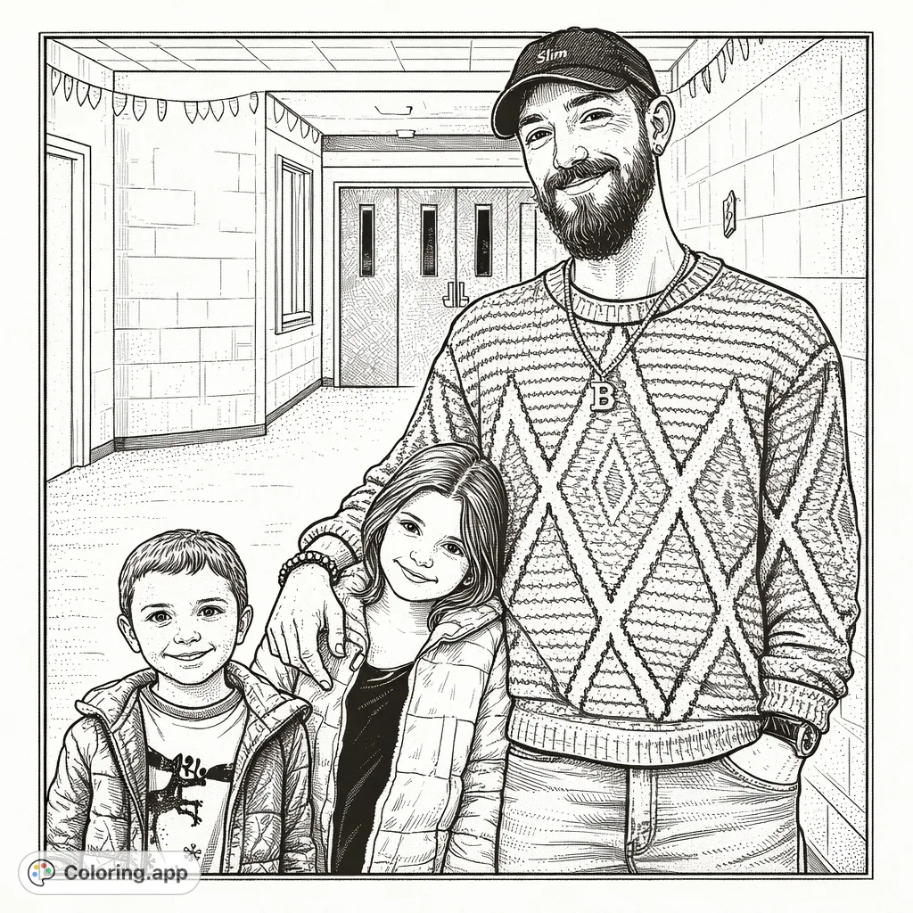 Capture a heartwarming family moment with a vintage touch. This free printable coloring page features a man and two children in a retro-style hallway scene.