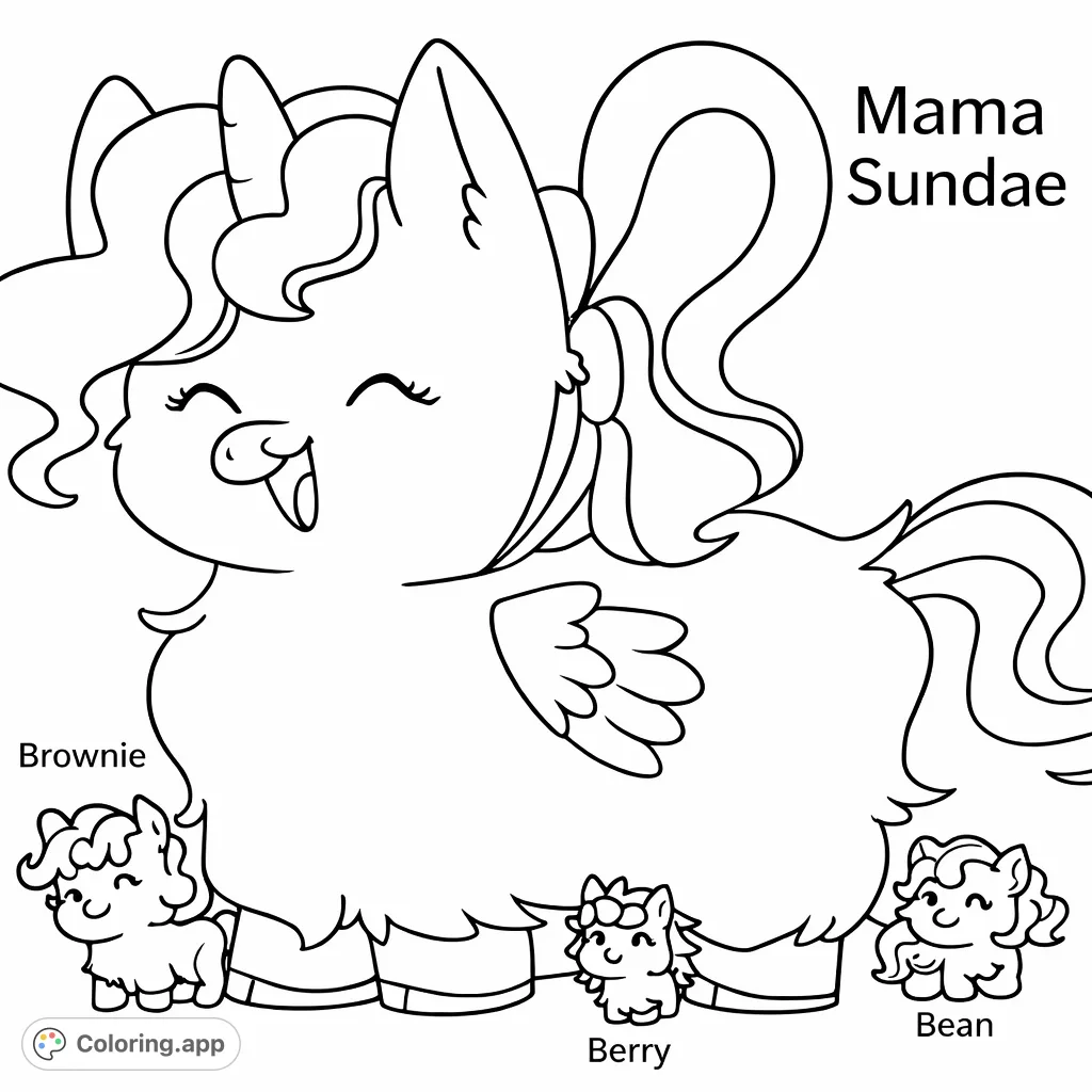 A charming fluffy pony with a joyful expression and its three tiny, adorable companions await your creative touch.