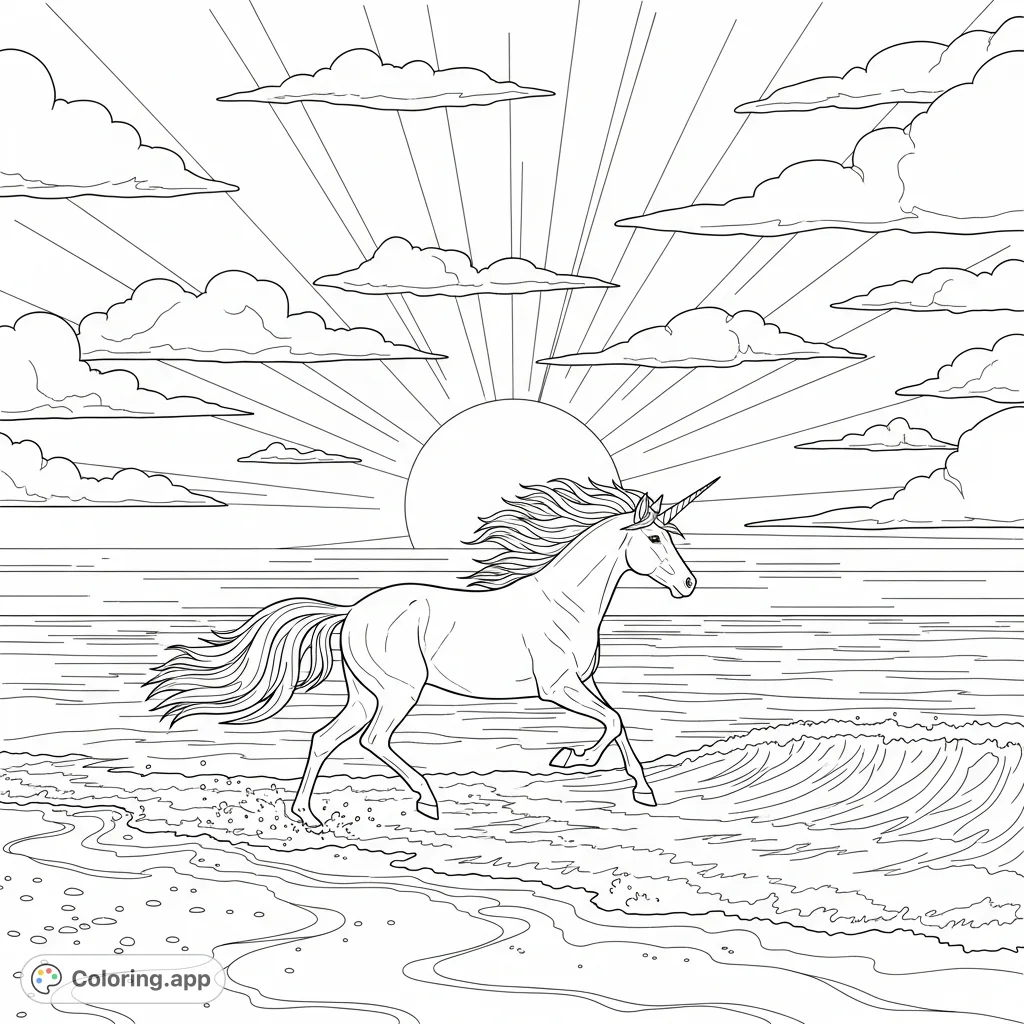 Capture the magic of a unicorn galloping gracefully along a vast beach at sunset. A majestic creature and a serene coastal scene await your colors!