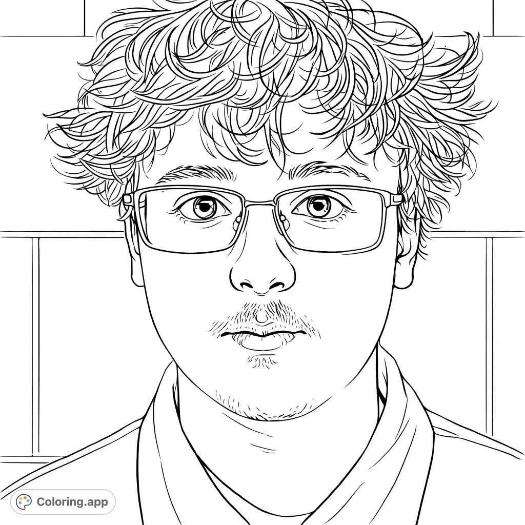 A charming portrait of a young person in glasses and a mustache, set against a textured wall. Perfect for creative expression and detailed coloring.