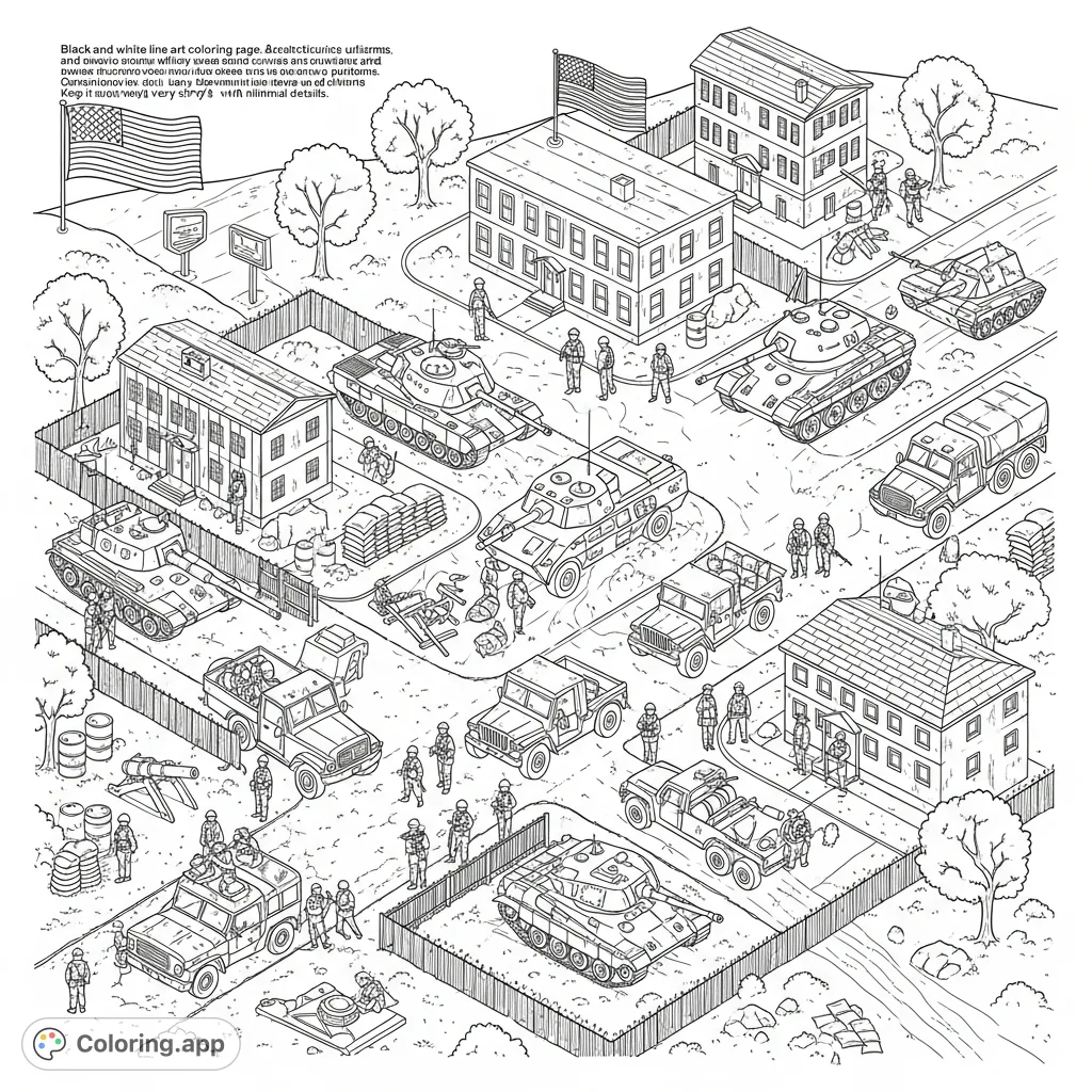 Explore a detailed military base with soldiers, vehicles like tanks and jeeps, multi-story buildings, and equipment. A patriotic scene for creative coloring.