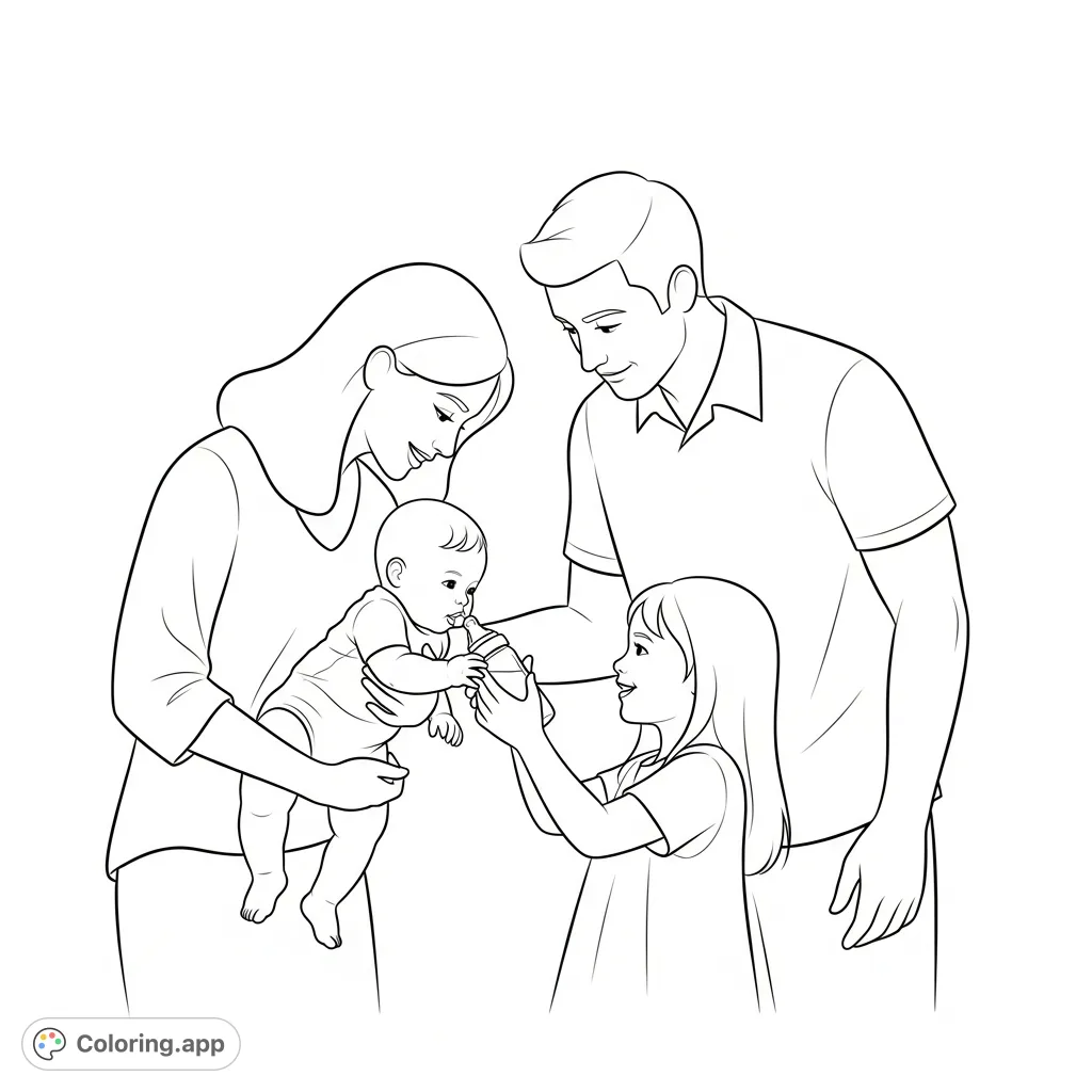 A heartwarming family scene: mother, father, daughter, and baby boy. The daughter offers a bottle to the baby, capturing a tender moment of care and connection.