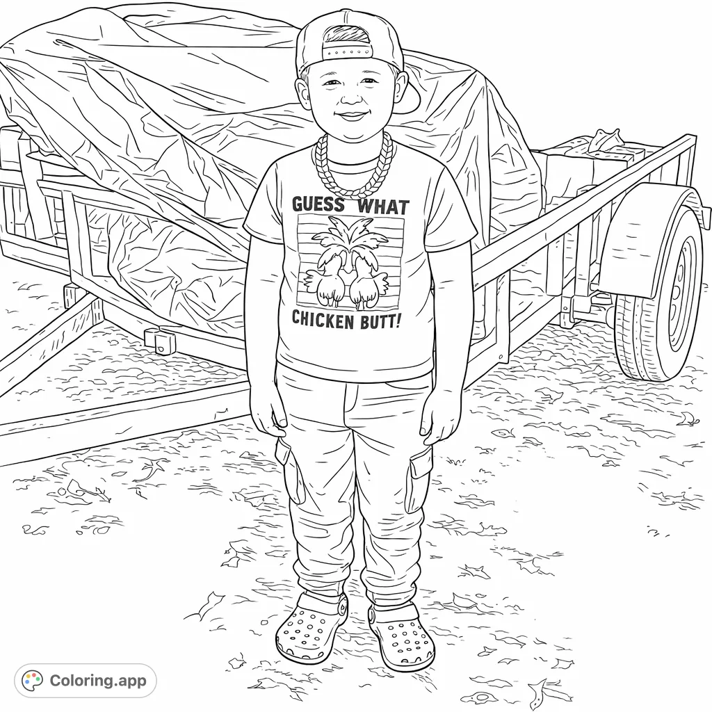 A cheerful boy in a 'Chicken Butt' t-shirt and backward cap stands proudly by a utility trailer. A fun and engaging scene for young artists to color.
