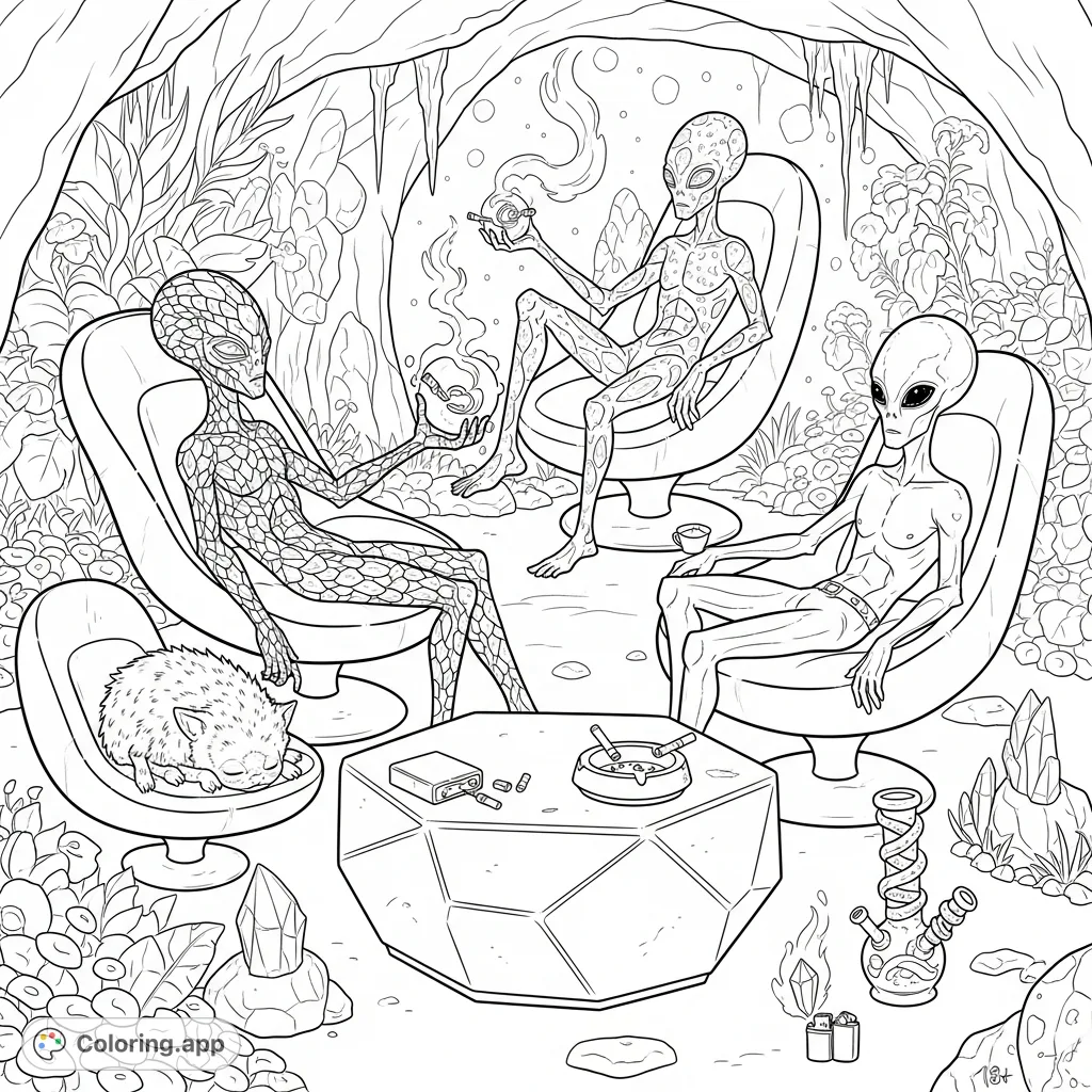Explore an otherworldly scene with four unique aliens lounging in a humid, cavernous den amidst exotic flora and glowing rock formations. Intricate details abound!