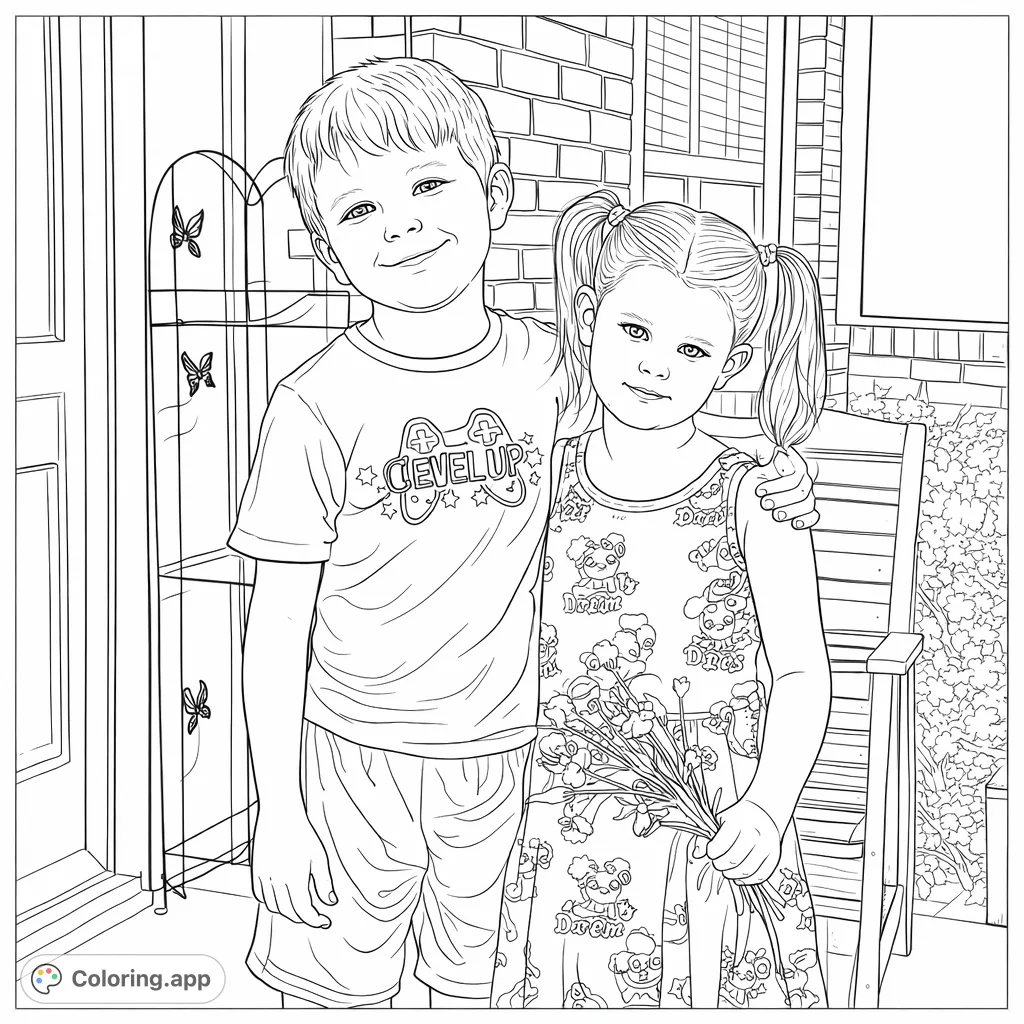 Capture the warmth of family with this siblings coloring page. A boy and girl stand together, with one holding a bouquet of wildflowers, set against a charming home exterior.