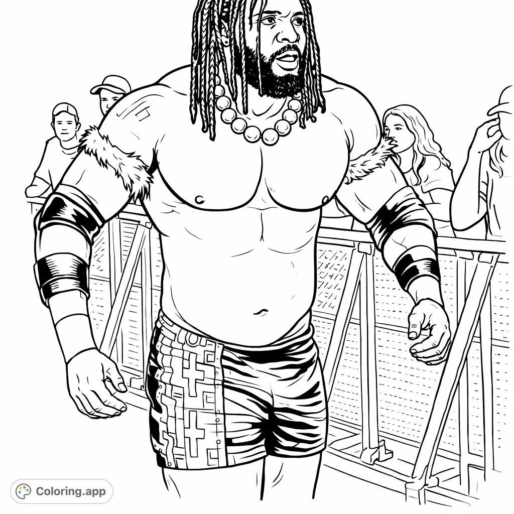 Capture the strength and detailed attire of a wrestling champion. This page features a muscular athlete with unique accessories and patterned shorts, ready for action.