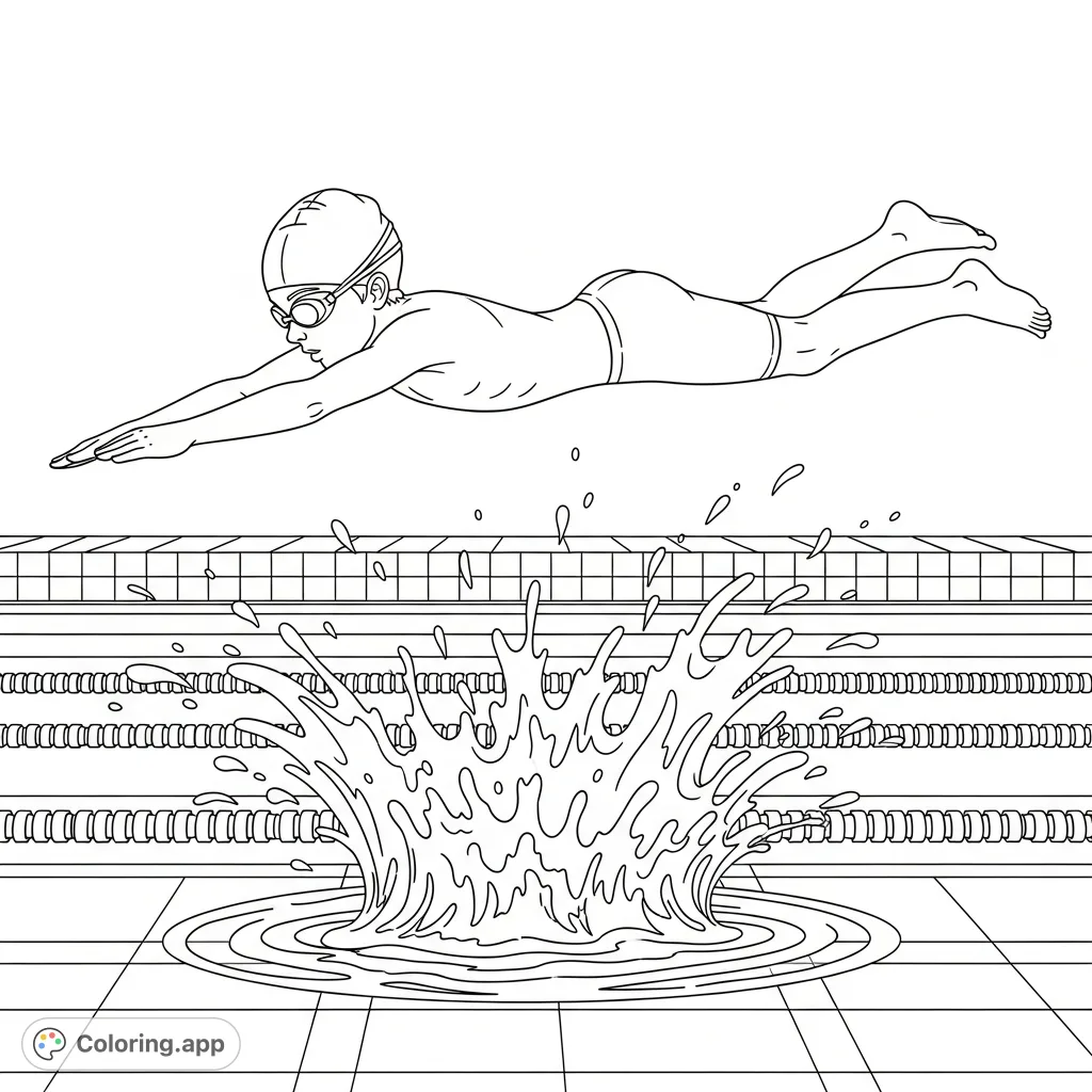 Witness a boy in mid-air, goggles and cap on, creating an exciting splash as he jumps into a swimming pool. A dynamic scene ready for vibrant colors!