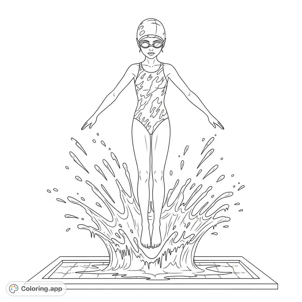 Witness the thrilling moment a young girl creates a spectacular splash, leaping feet first into a swimming pool, goggles on and ready for fun!