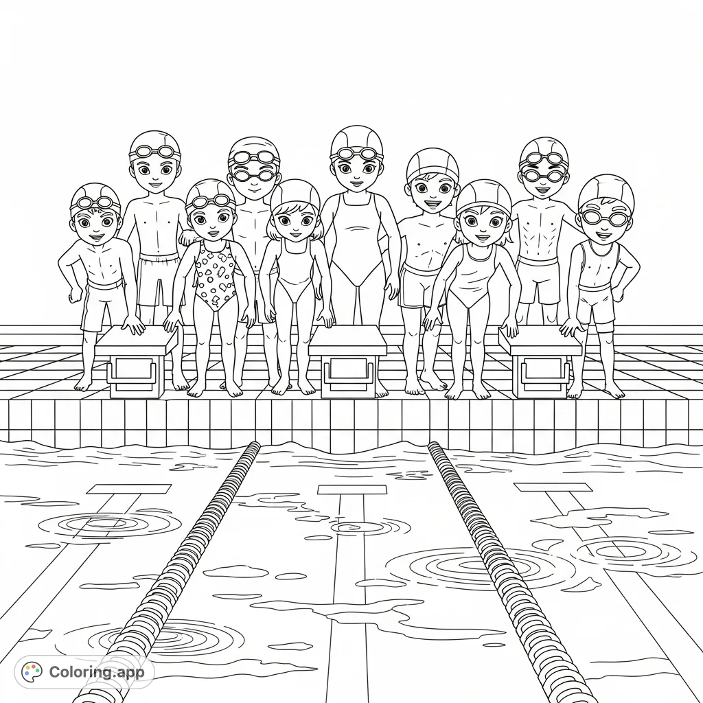 A lively swim team of boys and girls stands poised at the edge of a pool, expressions of confidence and anticipation. Perfect for sports fans!