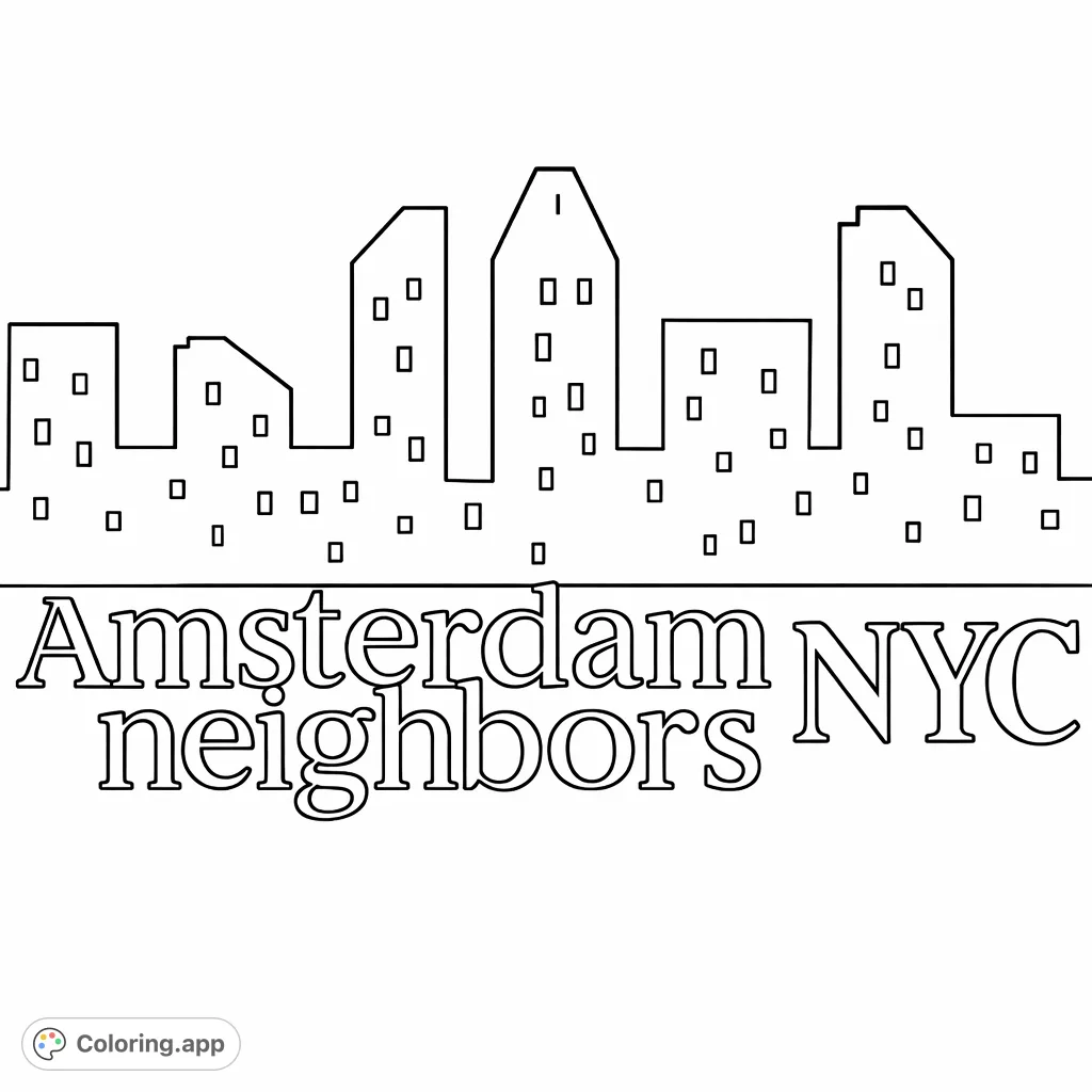 Explore this urban skyline coloring page featuring a stylized cityscape and neighborhood text. Perfect for architecture fans and city enthusiasts.