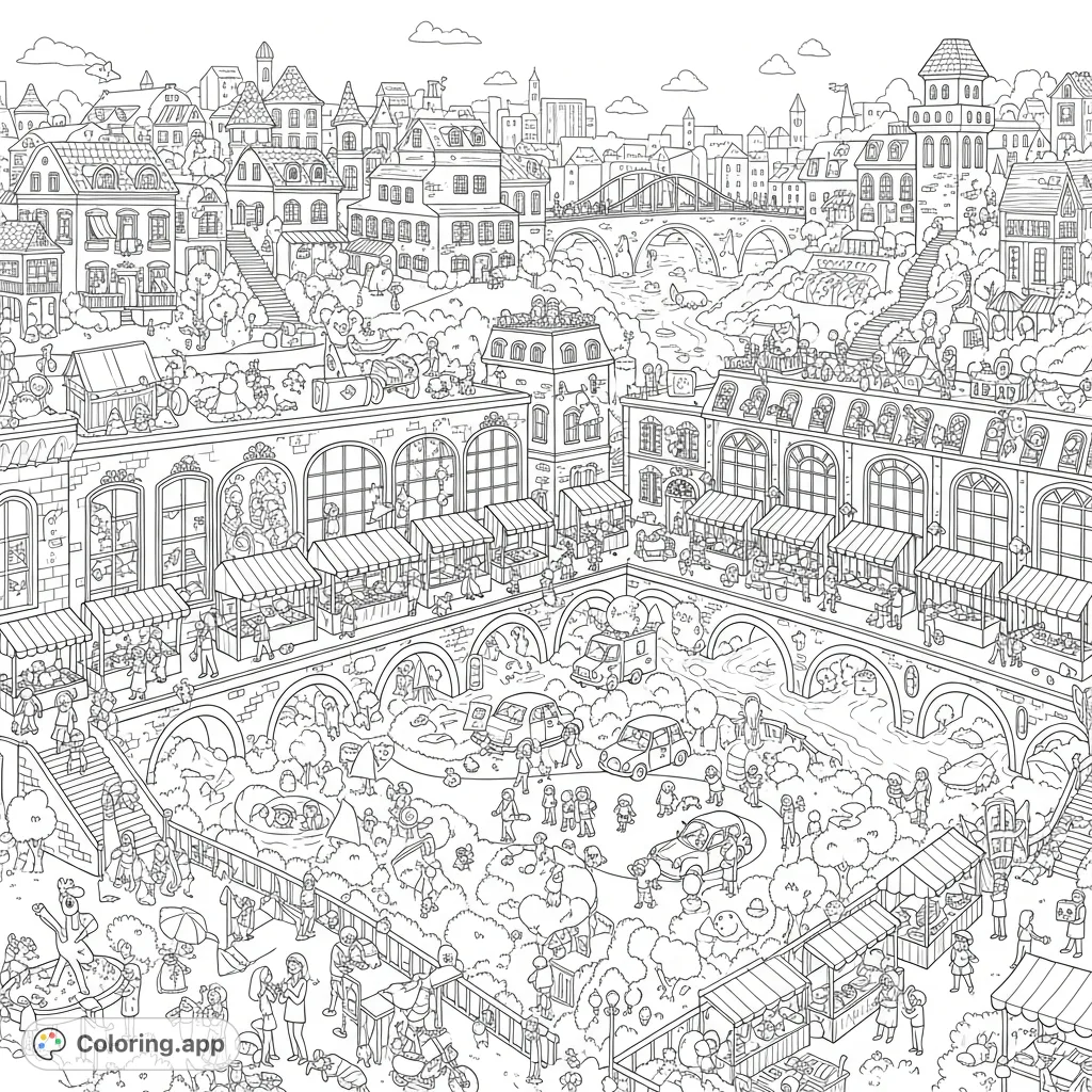 Dive into a whimsical, panoramic city bustling with intricate details, winding paths, lively market stalls, and countless tiny characters. Find the hidden Wally-inspired figure and visual jokes!
