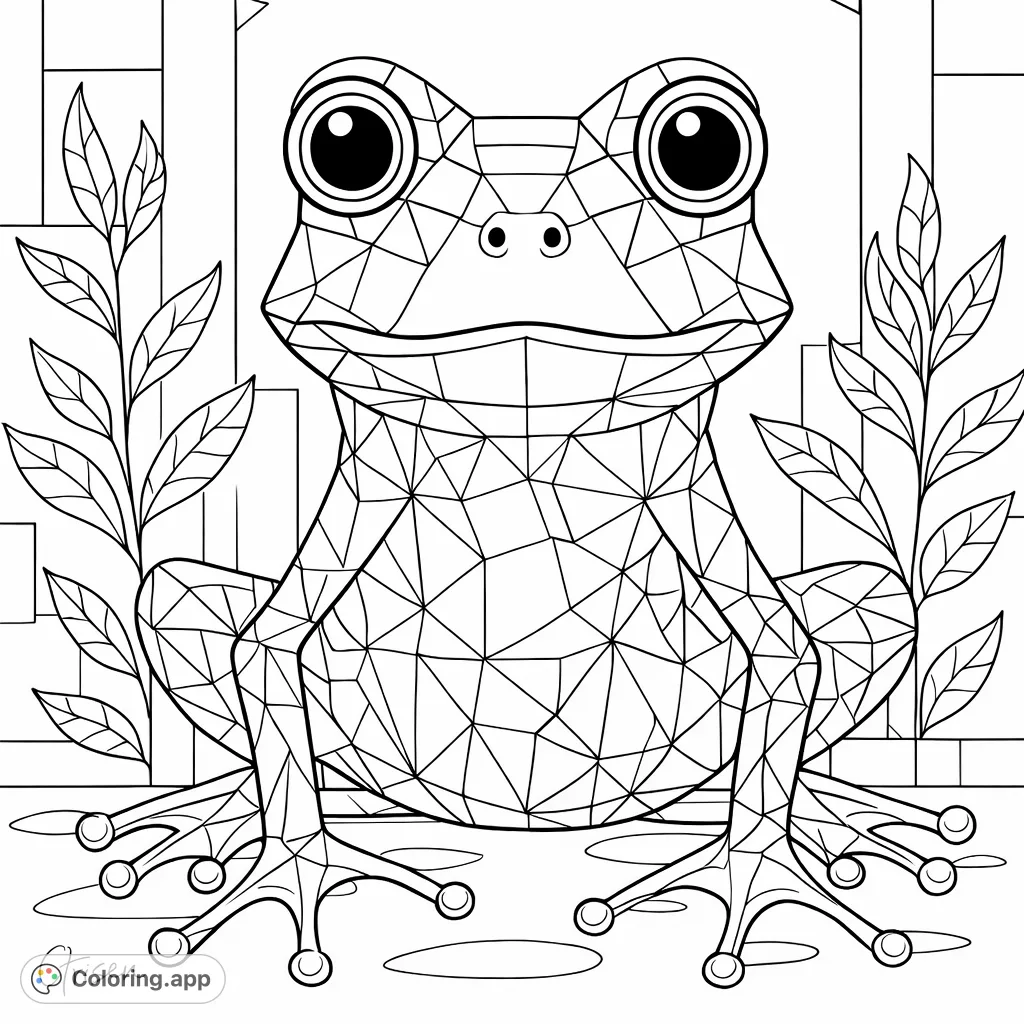 A charming geometric frog coloring page with intricate patterns. Explore whimsical shapes and bring this unique amphibian to life!