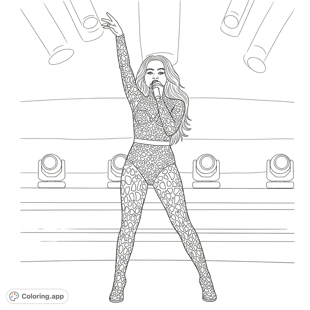 Capture pop star Sabrina Carpenter in her shimmering stage bodysuit, striking a dynamic pose under the lights. A thrilling free printable coloring page!