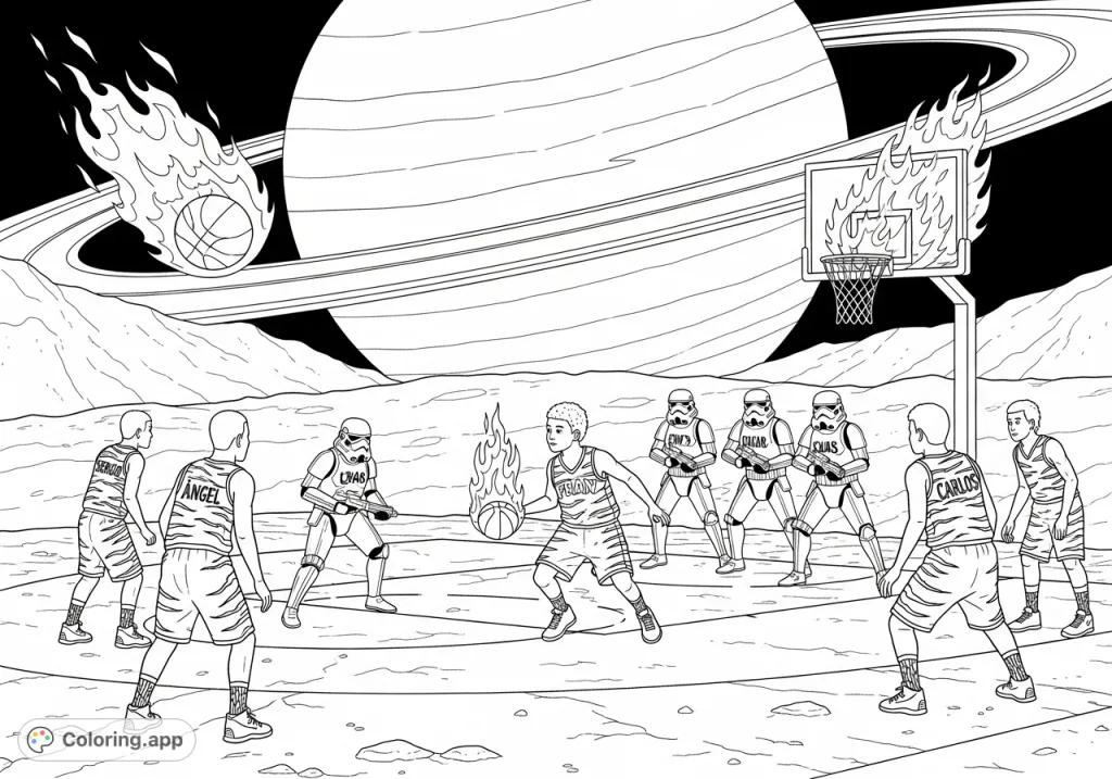 An epic cosmic basketball game unfolds on Saturn's rocky terrain, featuring young athletes in tiger-striped uniforms against Star Wars soldiers, complete with flaming court elements.
