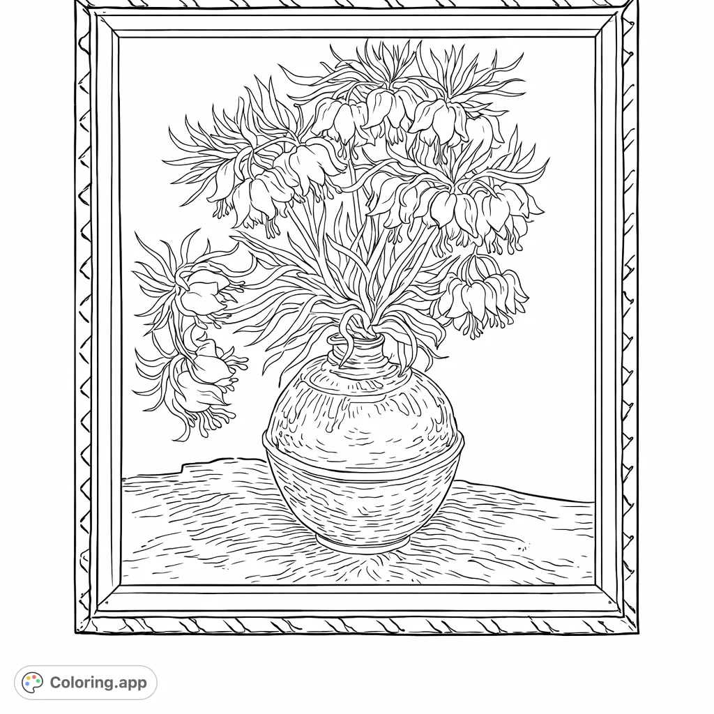 A beautiful still life featuring intricate Fritillaria flowers in a textured vase, set against a dappled background. Perfect for detailed coloring!