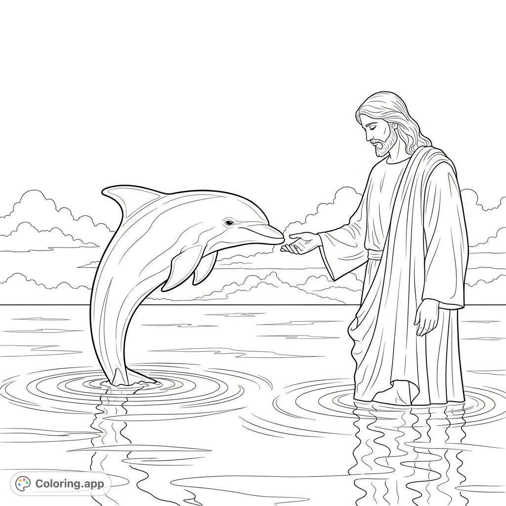A serene depiction of Jesus interacting gently with a playful dolphin in calm waters, surrounded by a tranquil marine environment. Perfect for spiritual reflection.